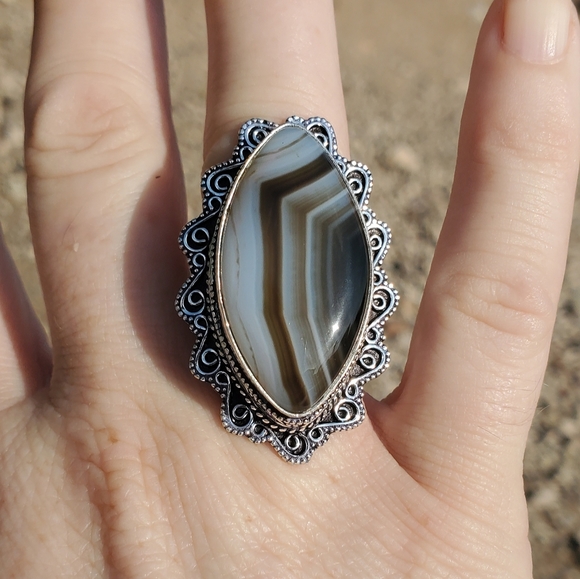 New Huge Botswana Agate Antique Design 925 Silver Statement Ring. - Picture 6 of 16
